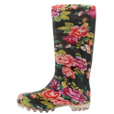 RB-12 - Wholesale Women's "EasyUSA" 13.5 Inches Water Proof Soft Rubber Rain Boots ( *Black With Red Flower Print )